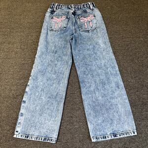 Coquette Girls Jeans 11Y Blue Denim Light Wash Pink Ribbon Pockets Streetwear